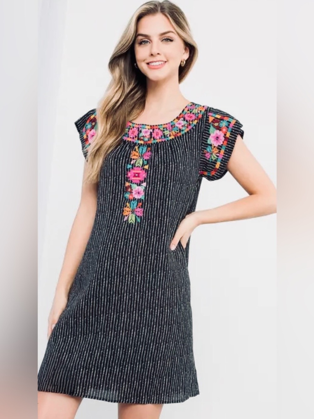 THML Black Striped Dress with Bright Pink & Orange Floral Embroidery